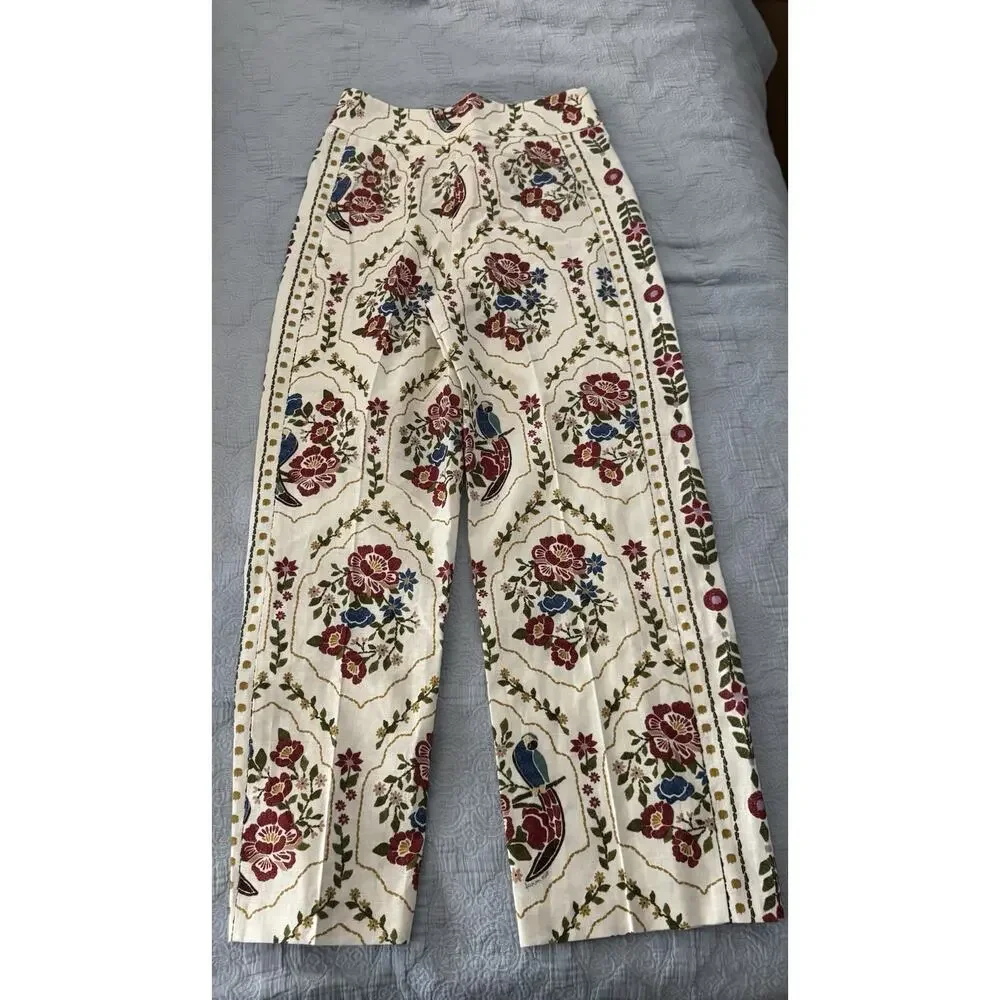 NWT Sezane x Farm Rio Tiago Crop Linen Cream Floral Pants Sz Fr 36 US 4